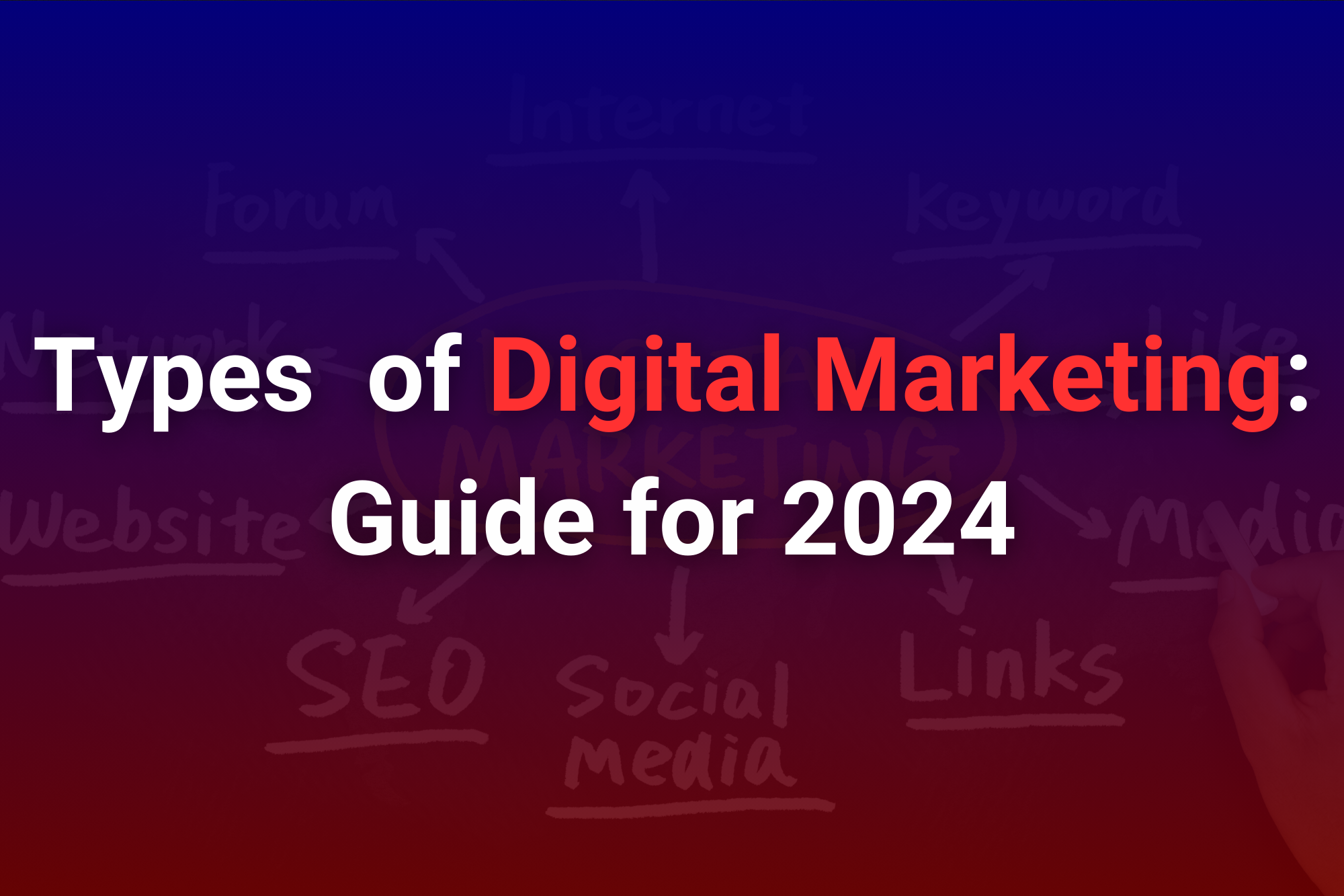 Types of Digital Marketing background image with a red and blue gradient overlay, featuring centered bold text 'Types of Digital Marketing: Guide for 2024'.